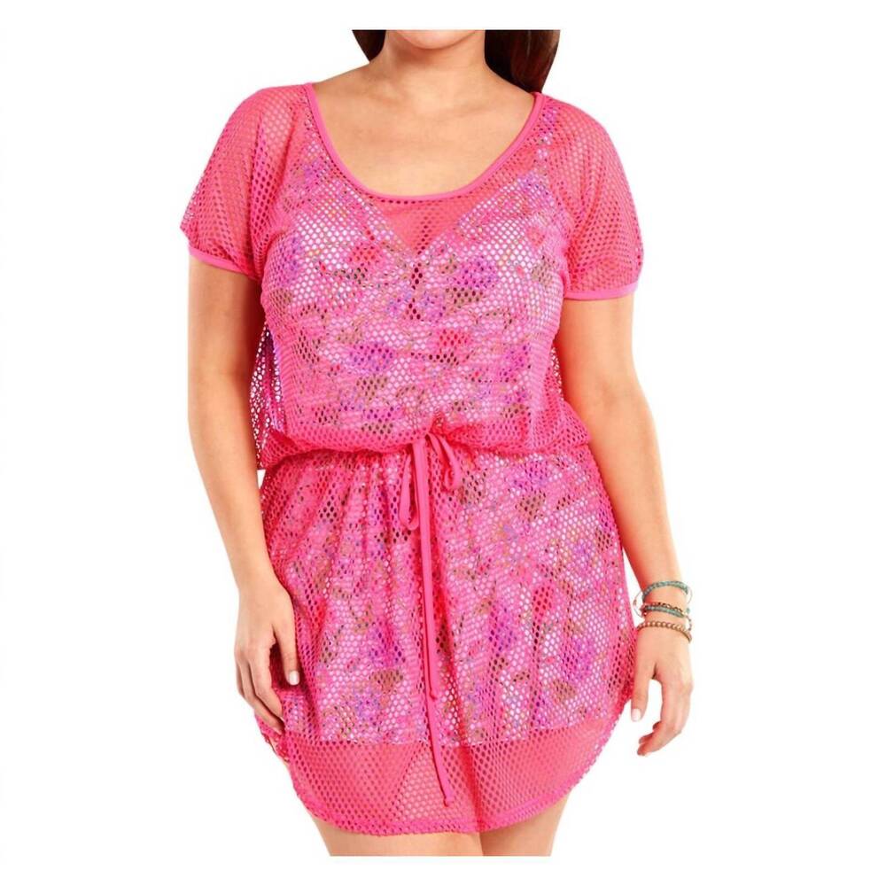 NEW ALWAYS FOR ME plus size fishnet crochet cover up dress in pink